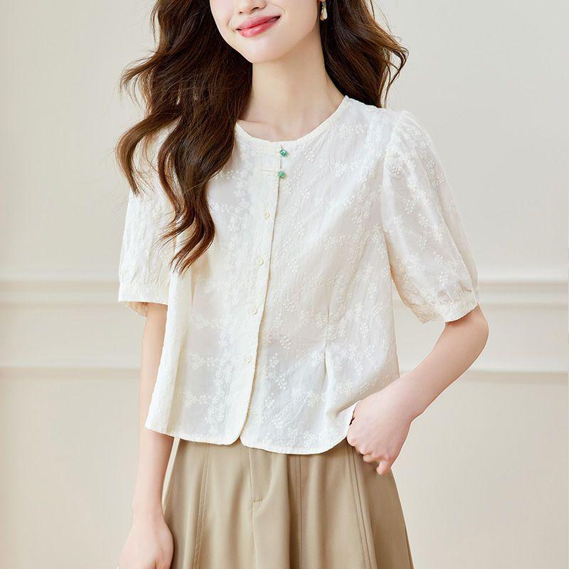 春 コーデ レディース ファッション オシャレ カワイイ シンプル きれいめ ナチュラル 上品カジュアル 婦人服 ラウンドネック クラシック ハイエンド 半袖 シャツ 夏 シック