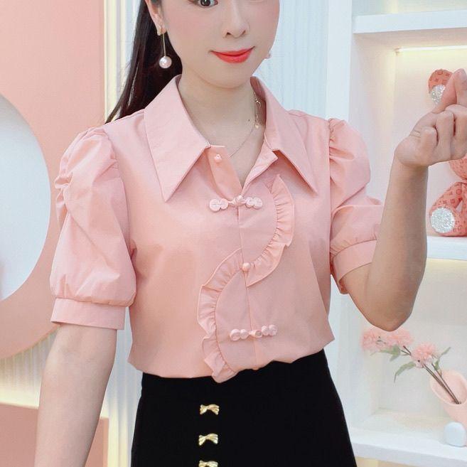 乐天商城 - 春 コーデ レディース ファッション オシャレ カワイイ シンプル きれいめ ナチュラル 上品カジュアル 婦人服 夏 パフスリーブ エスニック プレート ボタン スリム プルオーバー トップス 半袖 シャツ
