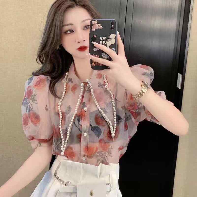 春 コーデ レディース ファッション オシャレ カワイイ シンプル きれいめ ナチュラル 上品カジュアル 婦人服 プリント 襟 シャツ 夏 ビーズ 半袖