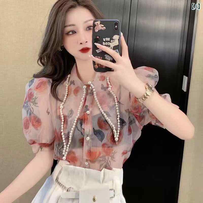 リコットの春 コーデ レディース ファッション オシャレ カワイイ シンプル きれいめ ナチュラル 上品カジュアル 婦人服 プリント 襟 シャツ 夏 ビーズ 半袖｜アングル2