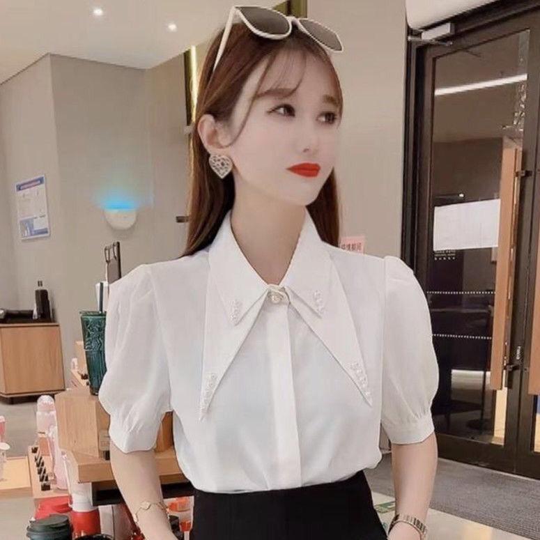Rakuten - 春 コーデ レディース ファッション オシャレ カワイイ シンプル きれいめ ナチュラル 上品カジュアル 婦人服 夏 シャツ パフスリーブ ビーズ ダブル 通勤ウェア スリム