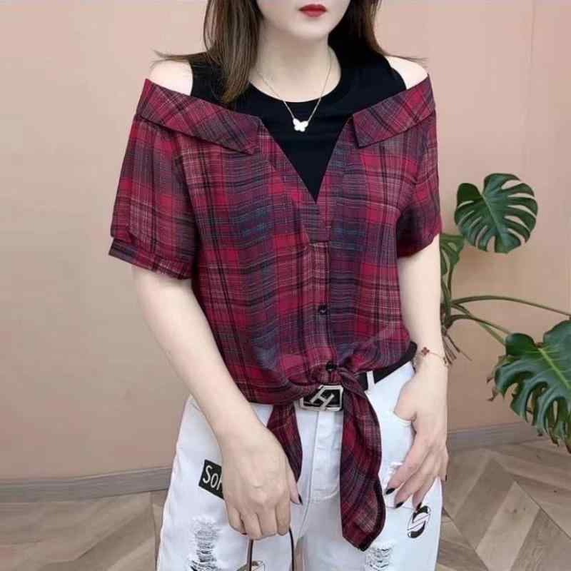 Rakuten - 春 コーデ レディース ファッション オシャレ カワイイ シンプル きれいめ ナチュラル 上品カジュアル 婦人服 フェイク ツーピース オフショルダー クラシック 配色 スリム 半袖 シャツ チェック柄 トップス