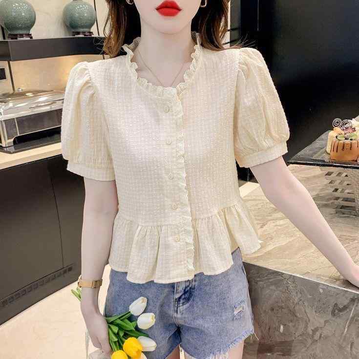 春 コーデ レディース ファッション オシャレ カワイイ シンプル きれいめ ナチュラル 上品カジュアル 婦人服 パフスリーブ シフォン トップス 夏 半袖 フレンチ ドール シャツ