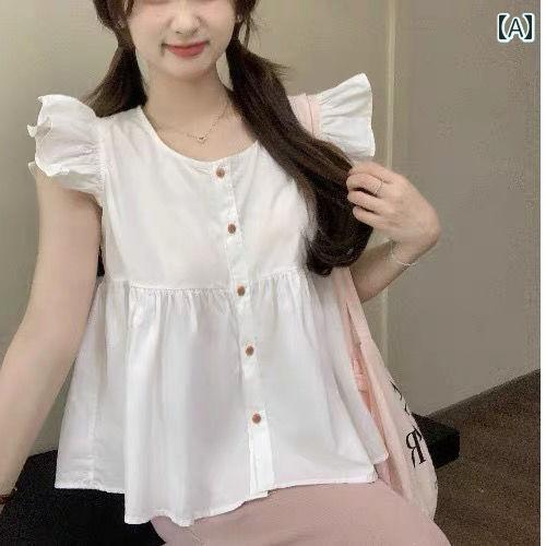 春 コーデ レディース ファッション オシャレ カワイイ シンプル きれいめ ナチュラル 上品カジュアル 婦人服 コットン クラシック フリル フライング スリーブ ベスト シャツ 夏 スリム トップス