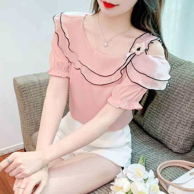 Other - 春 コーデ レディース ファッション オシャレ カワイイ シンプル きれいめ ナチュラル 上品カジュアル 婦人服 夏 オフショルダー フリル ワンライン カラー 半袖 シャツ ゆったり スリム シック トップス シフォンシャツ
