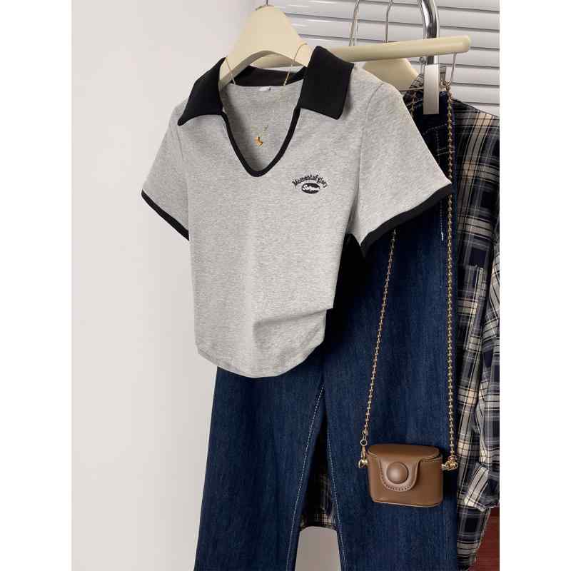春 コーデ レディース ファッション オシャレ カワイイ シンプル きれいめ ナチュラル 上品カジュアル 婦人服 グレー 半袖 Tシャツ 夏 カジュアル ポロカラー トップス