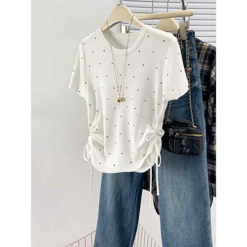 Rakuten - 春 コーデ レディース ファッション オシャレ カワイイ シンプル きれいめ ナチュラル 上品カジュアル 婦人服 白 水玉 プリント 半袖 Tシャツ 夏 ニット トップス