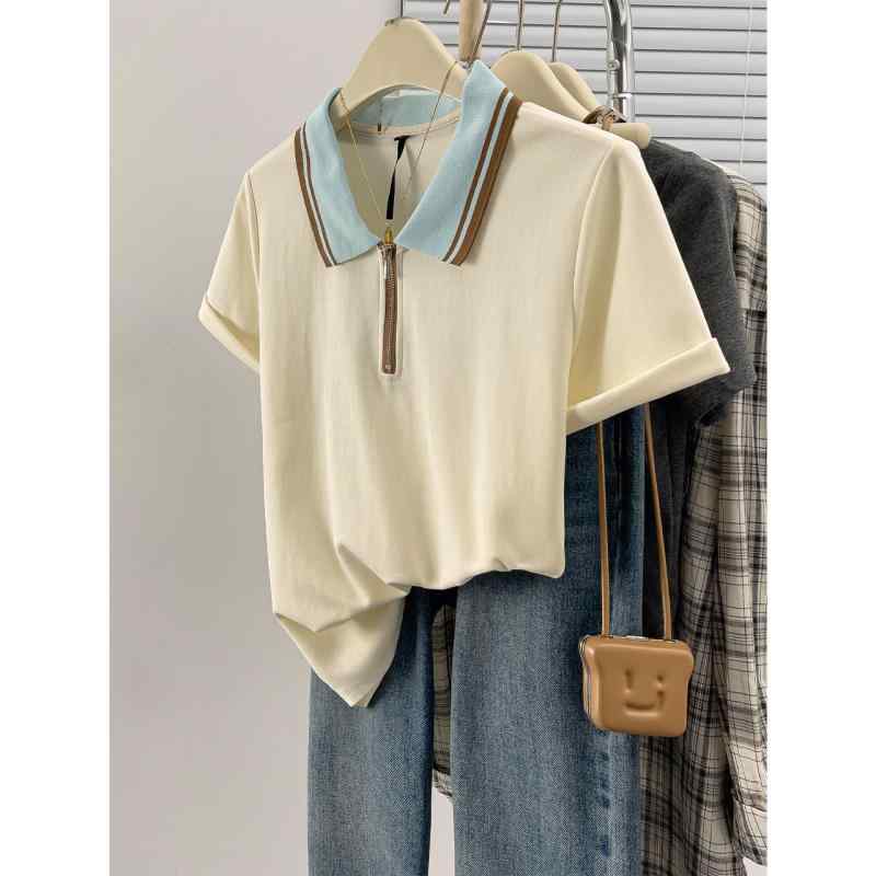 Other - 春 コーデ レディース ファッション オシャレ カワイイ シンプル きれいめ ナチュラル 上品カジュアル 婦人服 ポロカラー コントラスト ジッパー 半袖 Tシャツ 夏 カジュアル トップス