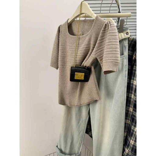 春 コーデ レディース ファッション オシャレ カワイイ シンプル きれいめ ナチュラル 上品カジュアル 婦人服 パフスリーブ スクエアネック 半袖 Tシャツ 夏 スリムフィット ニット トップス 春 コーデ レディース ファッション オシャレ カワイイ シンプル きれいめ ナチュラル 上品カジュアル 婦人服 パフスリーブ スクエアネック 半袖 Tシャツ 夏 スリムフィット ニット トップス