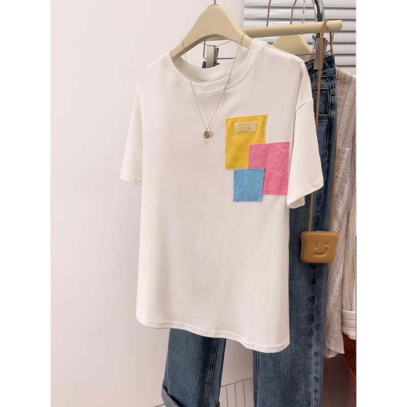 Other - 春 コーデ レディース ファッション オシャレ カワイイ シンプル きれいめ ナチュラル 上品カジュアル 婦人服 ホワイト パッチ 半袖 Tシャツ 夏 カジュアル 快適 シンプル トップス