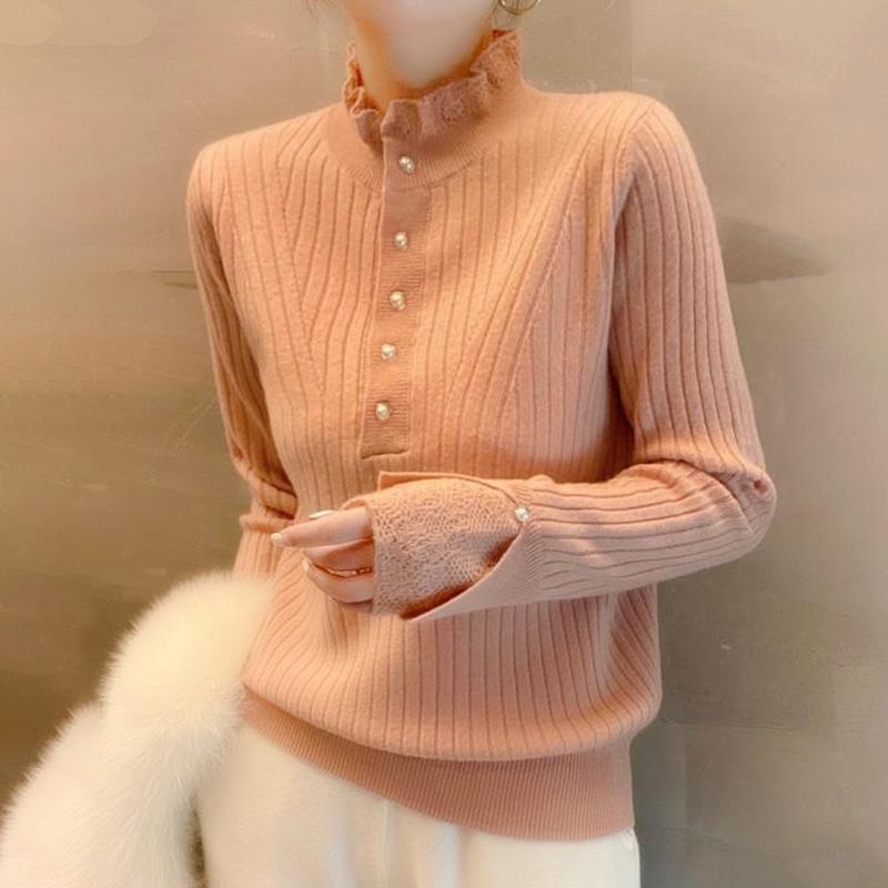 春 コーデ レディース ファッション オシャレ カワイイ シンプル きれいめ ナチュラル 上品カジュアル 婦人服 ハーフ タートルネック レース シャツ トップス プルオーバー ピンク セーター ウール