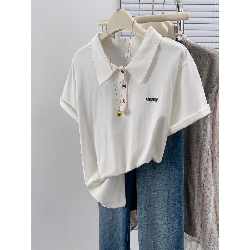 春 コーデ レディース ファッション オシャレ カワイイ シンプル きれいめ ナチュラル 上品カジュアル 婦人服 白 ポロカラー 半袖 Tシャツ 夏 カジュアル トップス