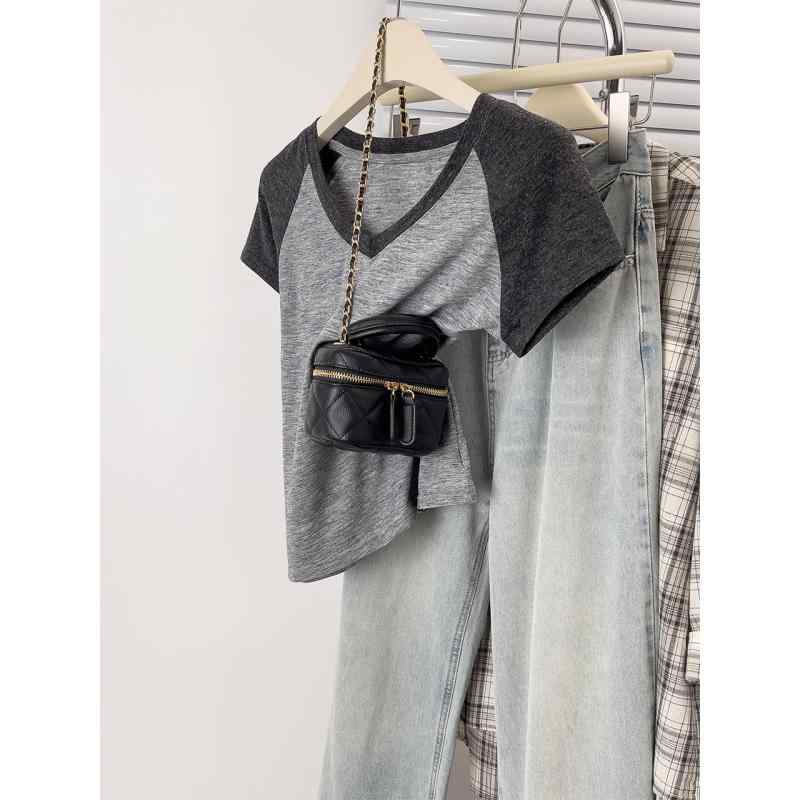 春 コーデ レディース ファッション オシャレ カワイイ シンプル きれいめ ナチュラル 上品カジュアル 婦人服 Vネック ラグラン 半袖 Tシャツ 夏 アメリカン クラシック スリム トップス