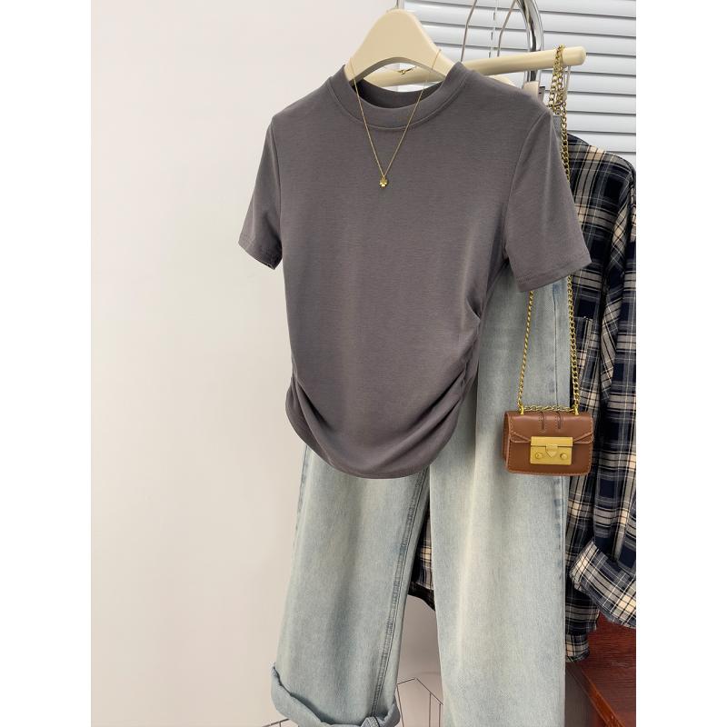 Other - 春 コーデ レディース ファッション オシャレ カワイイ シンプル きれいめ ナチュラル 上品カジュアル 婦人服 グレー 半袖 Tシャツ 夏 スリムフィット ハイエンド フレンチ プリーツ トップス