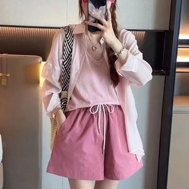 春 コーデ レディース ファッション オシャレ カワイイ シンプル きれいめ ナチュラル 上品カジュアル 婦人服 カジュアル スーツ 日焼け防止 シャツ キャミソール ワイドレッグ パンツ 夏 マッチング