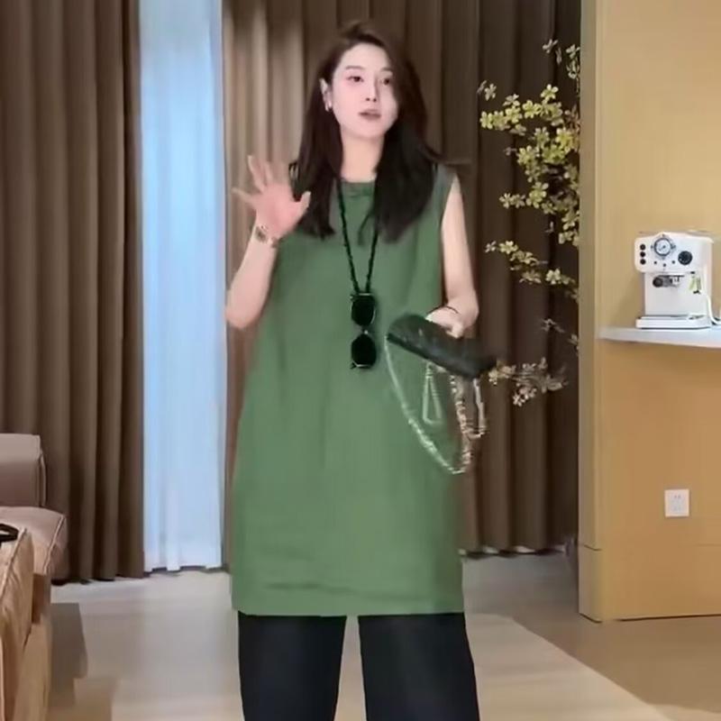 春 コーデ レディース ファッション オシャレ カワイイ シンプル きれいめ ナチュラル 上品カジュアル 婦人服 フレンチ ハイエンド ステッチ ノースリーブドレス 夏 ゆったり スリム スカート