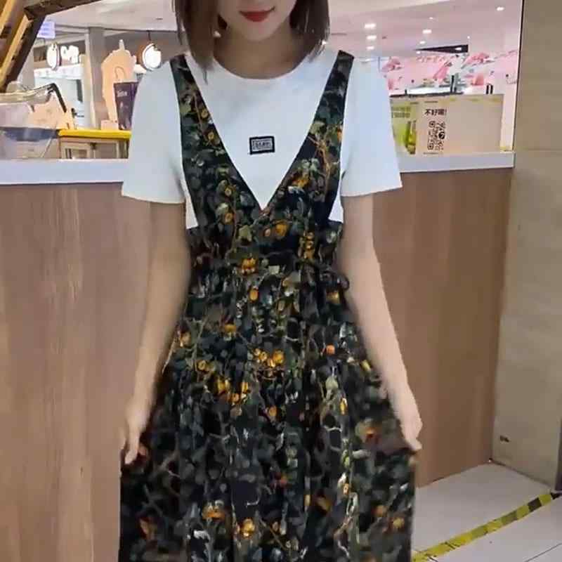 春 コーデ レディース ファッション オシャレ カワイイ シンプル きれいめ ナチュラル 上品カジュアル 婦人服 フェイク ツーピース 花柄 半袖 ドレス 夏 スリム ウエスト スカート