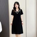 春 コーデ レディース ファッション オシャレ カワイイ シンプル きれいめ ナチュラル 上品カジュアル 婦人服 大きいサイズ クラシック ネイビーカラー カレッジ 半袖 ドレス スリム 夏 ロング ブラック スカート