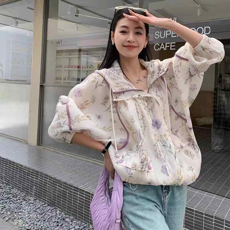 春 コーデ レディース ファッション オシャレ カワイイ シンプル きれいめ ナチュラル 上品カジュアル 婦人服 薄手 フード付き 日焼け防止 ジャケット 夏 花 ゆったり ジッパー トップス