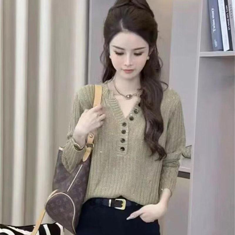 V-Neck - 春 コーデ レディース ファッション オシャレ カワイイ シンプル きれいめ ナチュラル 上品カジュアル 婦人服 スパンコール ニット セーター Vネック クラシック スリム 長袖 トップス