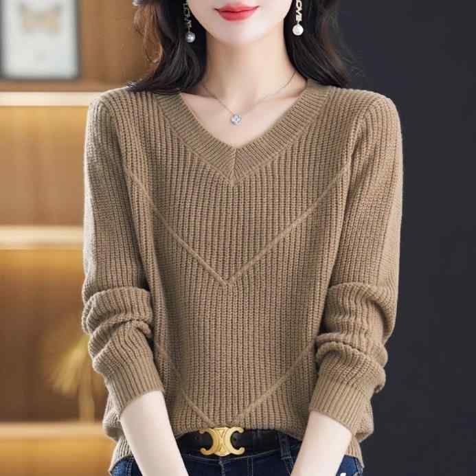 春 コーデ レディース ファッション オシャレ カワイイ シンプル きれいめ ナチュラル 上品カジュアル 婦人服 カラー セーター ウール アウター Vネック ニット レイヤリング シャツ
