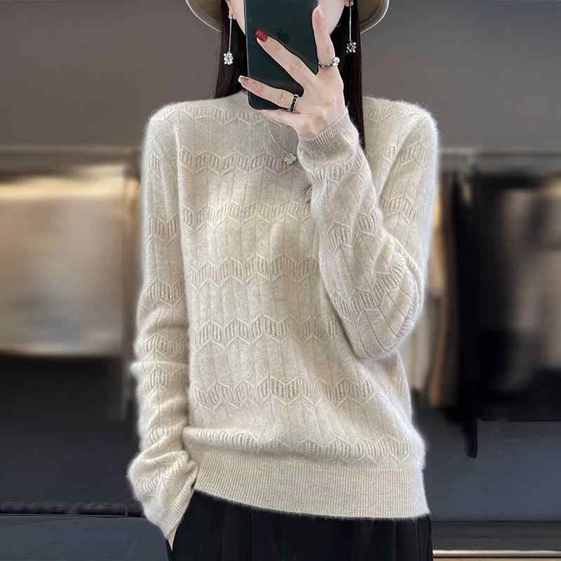 春 コーデ レディース ファッション オシャレ カワイイ シンプル きれいめ ナチュラル 上品カジュアル 婦人服 ラウンドネック プルオーバー ウール セーター スリム レイヤリング シャツ トップス