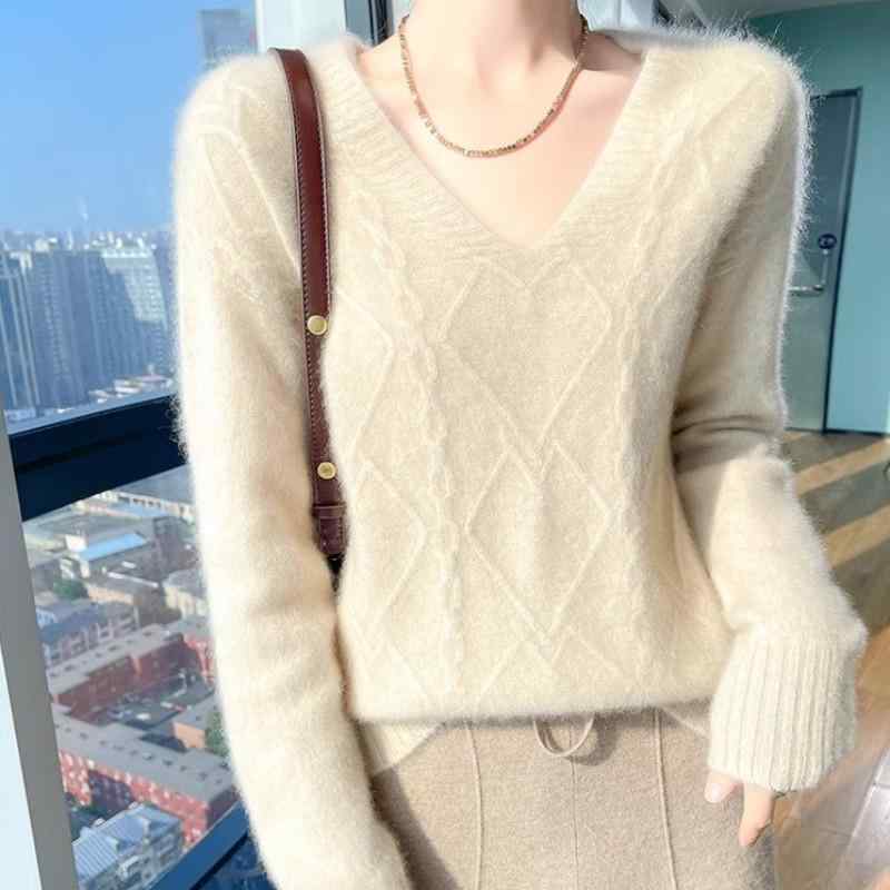 V-Neck - 春 コーデ レディース ファッション オシャレ カワイイ シンプル きれいめ ナチュラル 上品カジュアル 婦人服 Vネック ウール セーター ツイスト 長袖 ニット プルオーバー ゆったり インナーウェア ボトムトップ アウターウェア