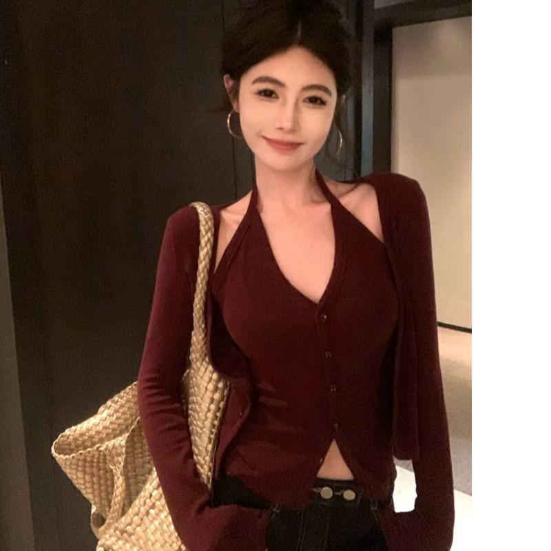 春 コーデ レディース ファッション オシャレ カワイイ シンプル きれいめ ナチュラル 上品カジュアル 婦人服 ハイエンド Vネック セクシー スリング ホルターネック カーディガン フェイク ツーピース インナー トップス