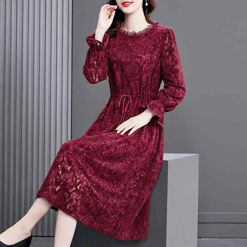 春 コーデ レディース ファッション オシャレ カワイイ シンプル きれいめ ナチュラル 上品カジュアル 婦人服 ハイエンド パーティー ドレス 長袖 赤 スカート