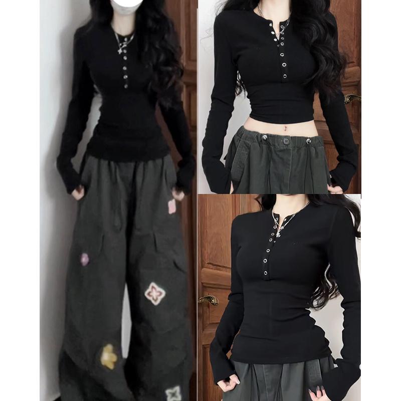 春 コーデ レディース ファッション オシャレ カワイイ シンプル きれいめ ナチュラル 上品カジュアル 婦人服 ストレート ショルダー 長袖 Tシャツ ハーフ オープン カラー レイヤリング スリムフィット ウエスト トップス