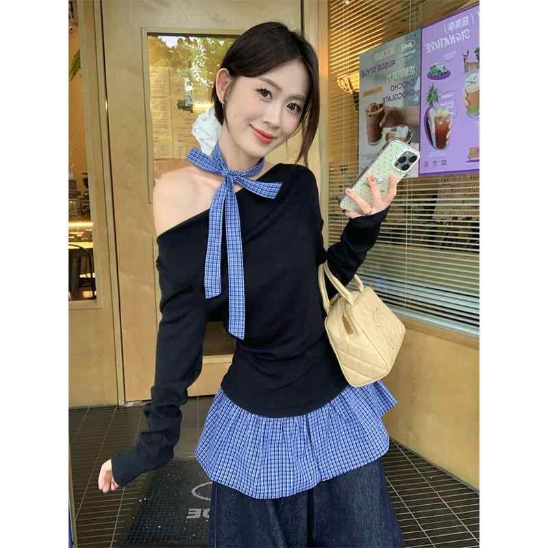 春 コーデ レディース ファッション オシャレ カワイイ シンプル きれいめ ナチュラル 上品カジュアル 婦人服 フェイク ツーピース オフショルダー チェック柄 ステッチ Tシャツ 斜め襟 トップス スリムフィット スリム