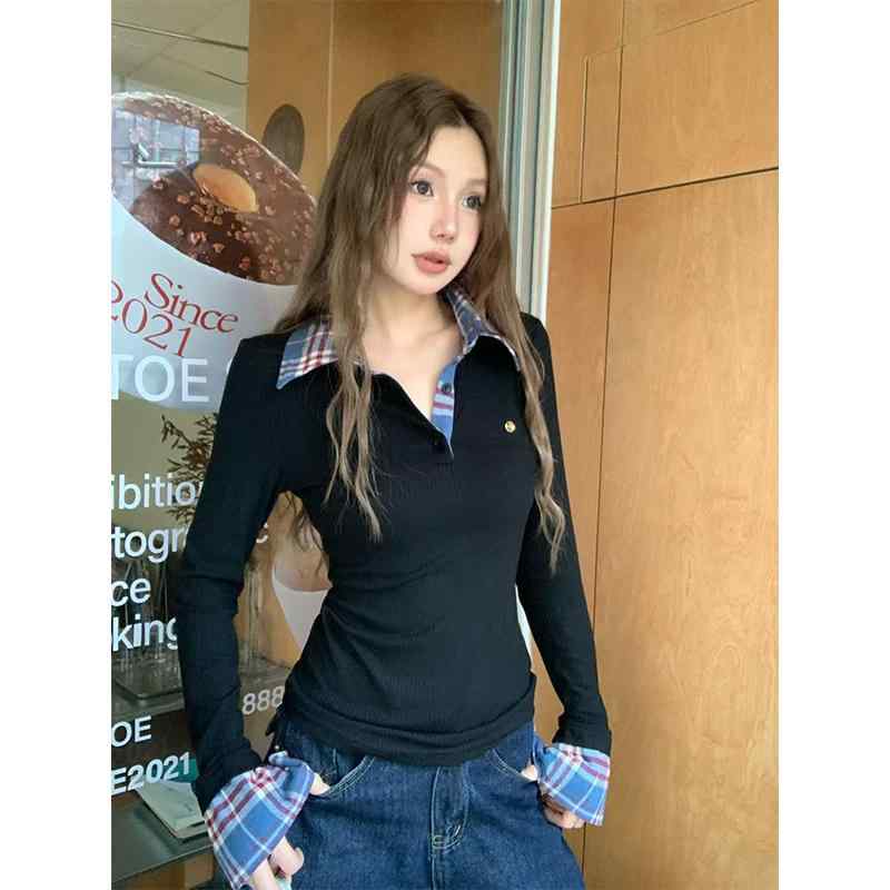 春 コーデ レディース ファッション オシャレ カワイイ シンプル きれいめ ナチュラル 上品カジュアル 婦人服 ポロ襟 チェック柄 ステッチ フェイク ツーピース 長袖 Tシャツ スリミング レイヤリング インナートップ