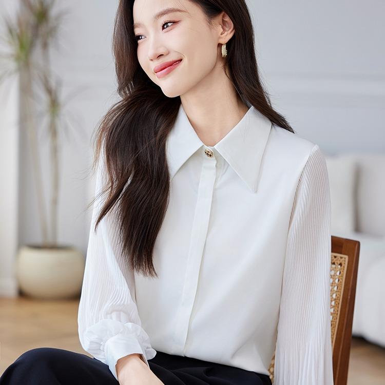 春 コーデ レディース ファッション オシャレ カワイイ シンプル きれいめ ナチュラル 上品カジュアル 婦人服 ホワイト シャツ 長袖 OL 面接ウェア トップス ポロカラー 通勤ウェア