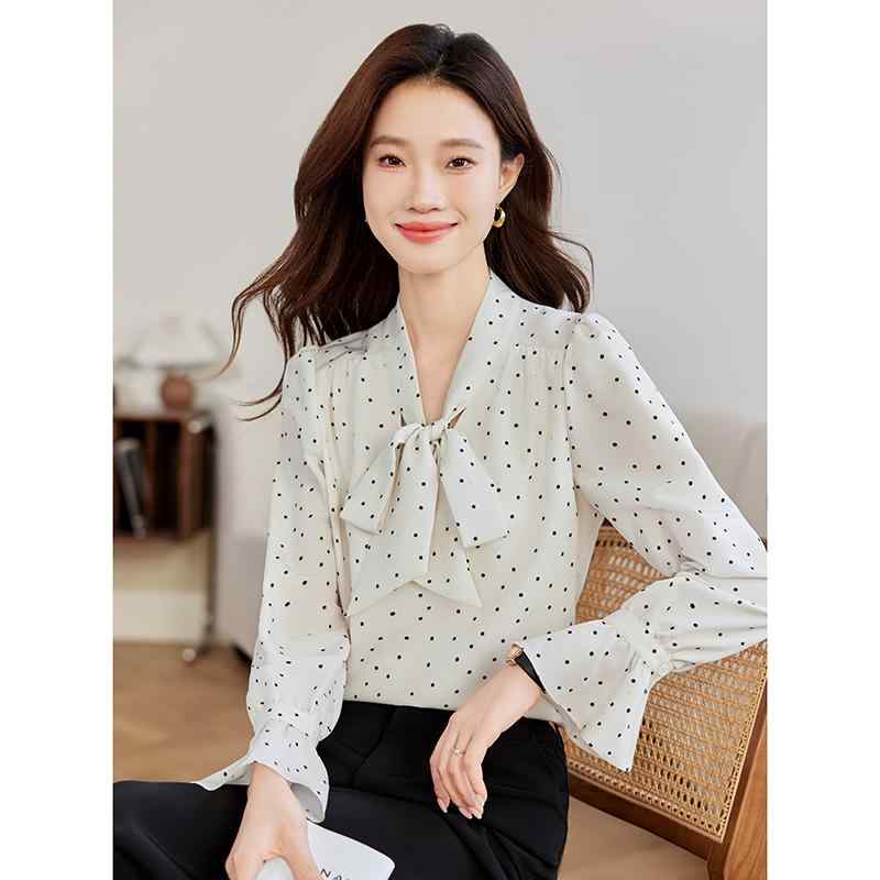 Other - 春 コーデ レディース ファッション オシャレ カワイイ シンプル きれいめ ナチュラル 上品カジュアル 婦人服 クラシック ドット フレンチ リボン シャツ トップス 通勤ウェア