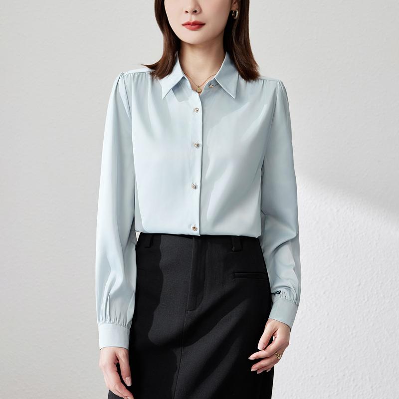 春 コーデ レディース ファッション オシャレ カワイイ シンプル きれいめ ナチュラル 上品カジュアル 婦人服 ホワイト シャツ アセテート サテン ハイエンド フォーマル 面接ウェア 通勤ウェア 長袖 トップス