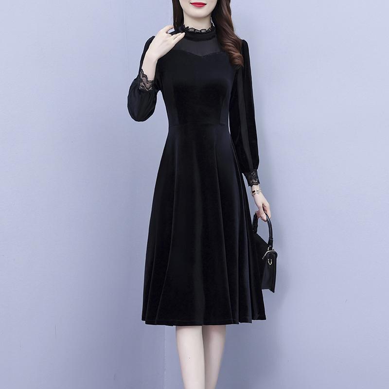 春 コーデ レディース ファッション オシャレ カワイイ シンプル きれいめ ナチュラル 上品カジュアル 婦人服 ゴールド ベルベット ドレス Aライン 長袖 ミドル丈 スカート