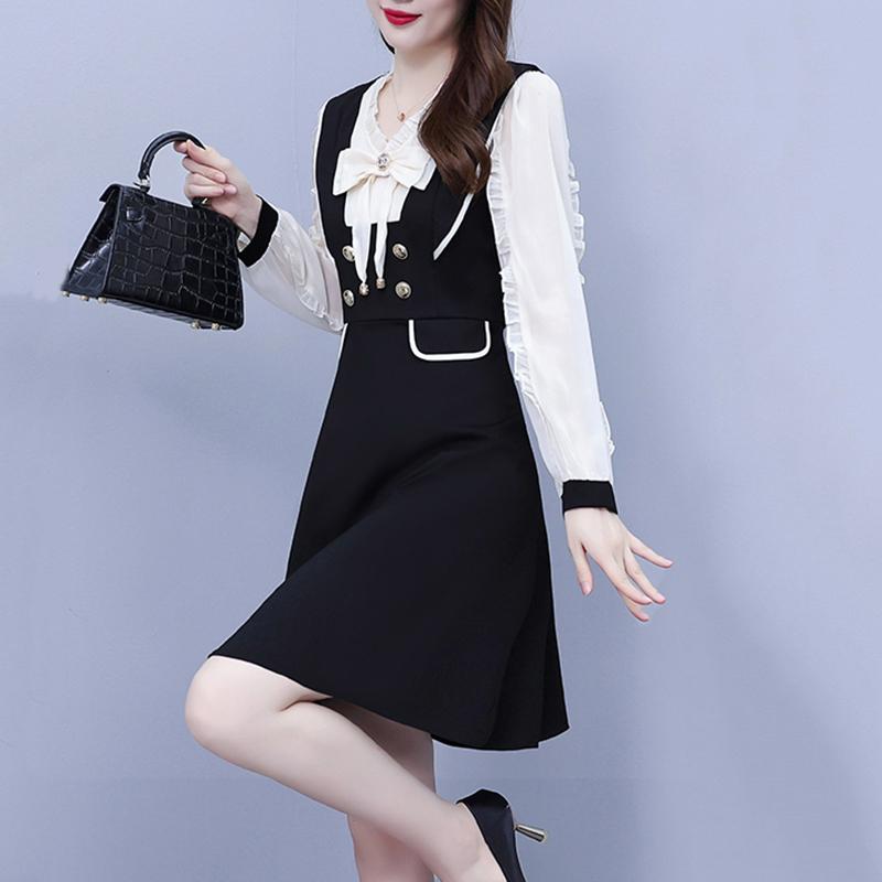 春 コーデ レディース ファッション オシャレ カワイイ シンプル きれいめ ナチュラル 上品カジュアル 婦人服 ドレス フェイク ツーピース Aライン 長袖 ミドル丈 スカート