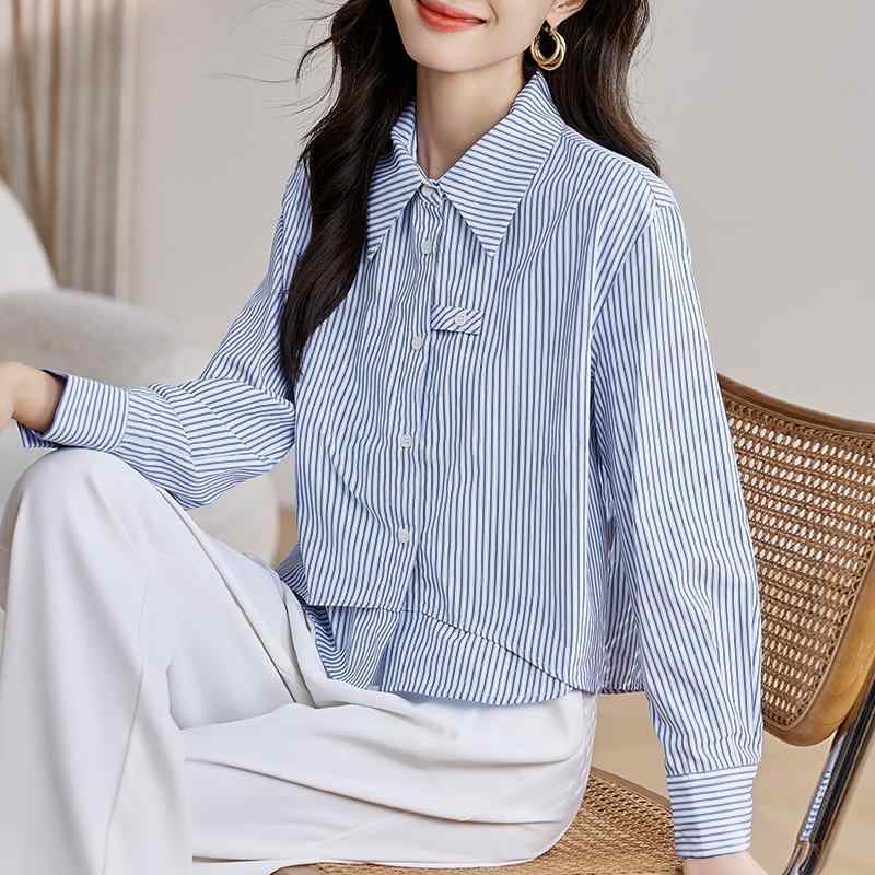 Rakuten - 春 コーデ レディース ファッション オシャレ カワイイ シンプル きれいめ ナチュラル 上品カジュアル 婦人服 コットンシャツ フェイク ツーピース ストライプ ウエスタンスタイル トップス シャツ 長袖