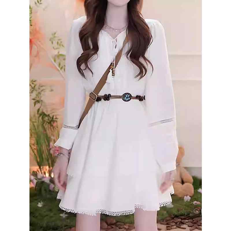 春 コーデ レディース ファッション オシャレ カワイイ シンプル きれいめ ナチュラル 上品カジュアル 婦人服 ウエスト タイ Vネック 長袖 シャツ ドレス ホリデー スカート