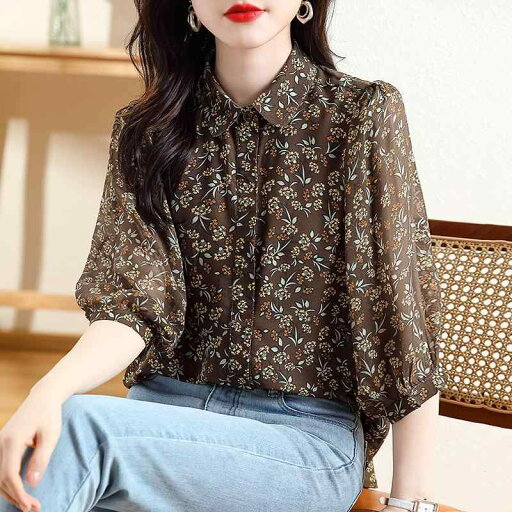 春 コーデ レディース ファッション オシャレ カワイイ シンプル きれいめ ナチュラル 上品カジュアル 婦人服 花柄 シフォンシャツ 夏 トップス シャツ 七分袖 春 コーデ レディース ファッション オシャレ カワイイ シンプル きれいめ ナチュラル 上品カジュアル 婦人服 花柄 シフォンシャツ 夏 トップス シャツ 七分袖