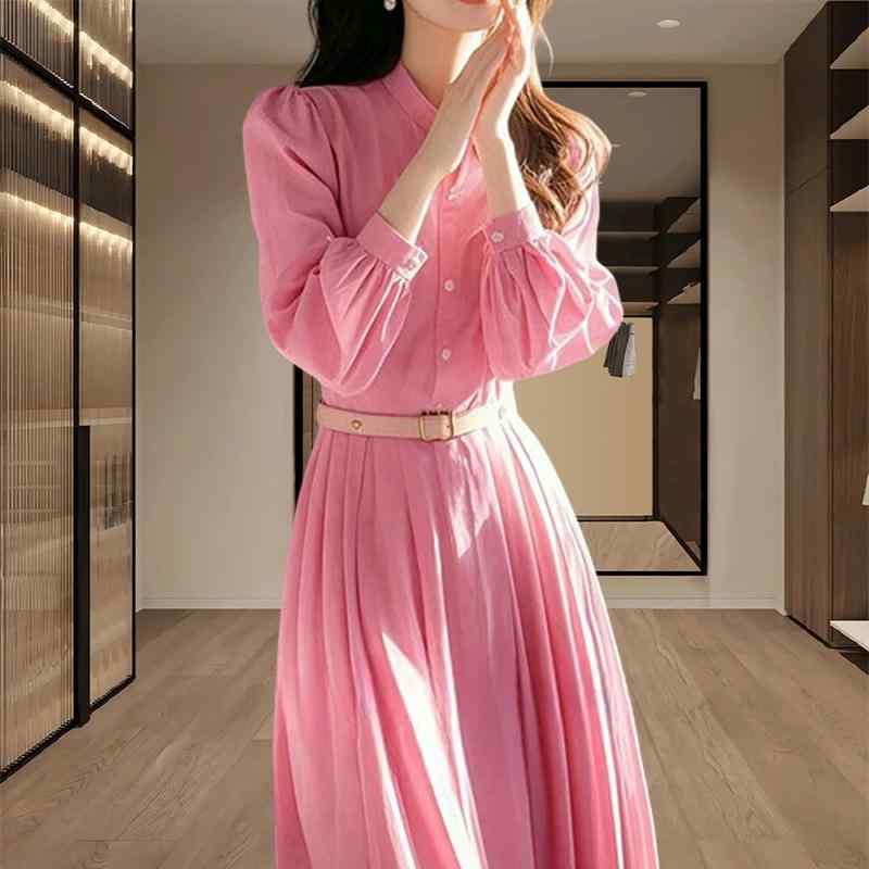 春 コーデ レディース ファッション オシャレ カワイイ シンプル きれいめ ナチュラル 上品カジュアル 婦人服 ピンク ドレス プリーツ フレンチ ロング スカート