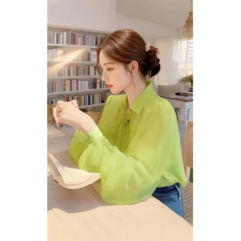 Rakuten - 春 コーデ レディース ファッション オシャレ カワイイ シンプル きれいめ ナチュラル 上品カジュアル 婦人服 グリーン シフォンシャツ フレンチ ハイエンド トップス