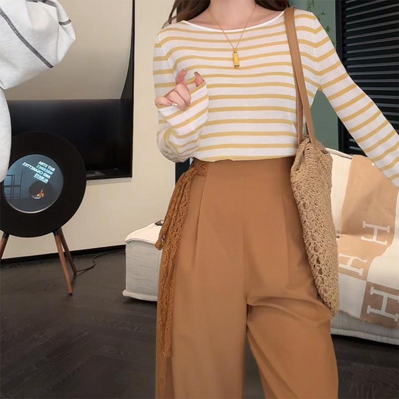Rakuten - 春 コーデ レディース ファッション オシャレ カワイイ シンプル きれいめ ナチュラル 上品カジュアル 婦人服 ネック ストライプ レイヤリング シャツ ハイウエスト ワイドレッグ パンツ ツーピース スーツ