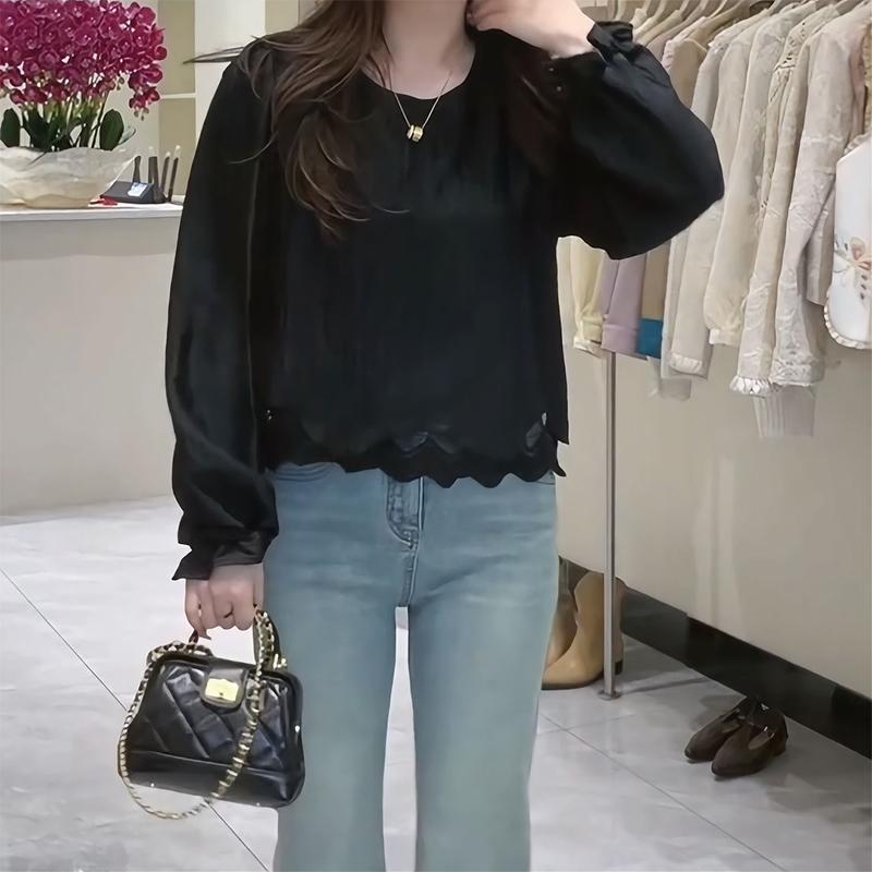 乐天商城 - 春 コーデ レディース ファッション オシャレ カワイイ シンプル きれいめ ナチュラル 上品カジュアル 婦人服 レース アセテート ブラウス 長袖 ボトムス