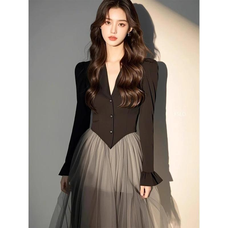 Other - 春 コーデ レディース ファッション オシャレ カワイイ シンプル きれいめ ナチュラル 上品カジュアル 婦人服 ハイエンド Vネック メッシュ ウエスト スリミング ミディアム丈 ドレス