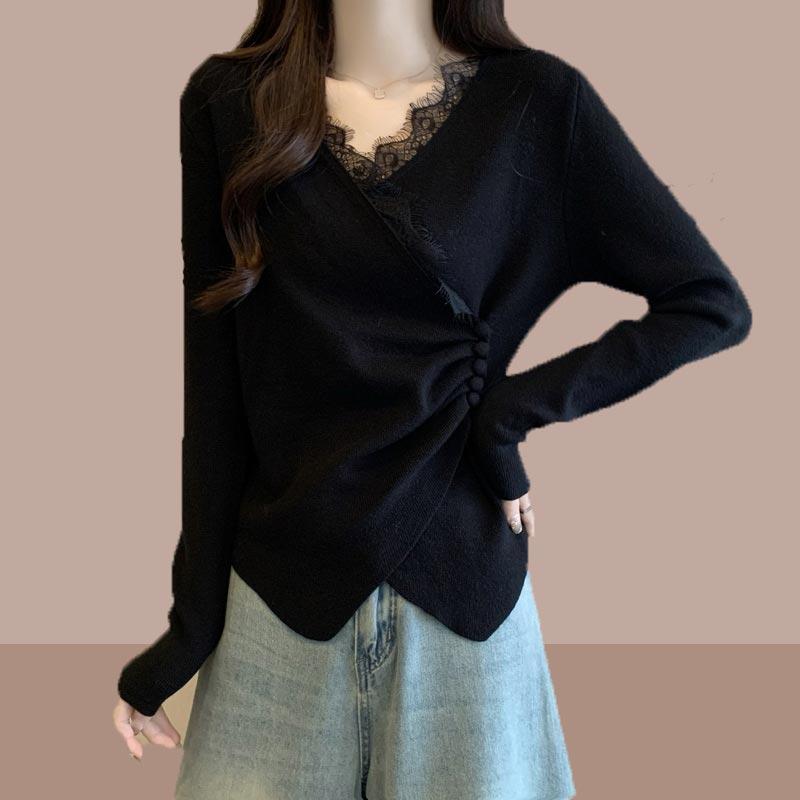 春 コーデ レディース ファッション オシャレ カワイイ シンプル きれいめ ナチュラル 上品カジュアル 婦人服 ハイエンド Vネック レイヤリング シャツ 服 レース ニット セーター トップス
