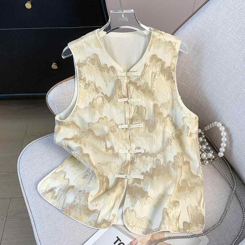 春 コーデ レディース ファッション オシャレ カワイイ シンプル きれいめ ナチュラル 上品カジュアル 婦人服 サテン ベスト アジアンテイスト チャイナ スーツ ウエスト コート トップス