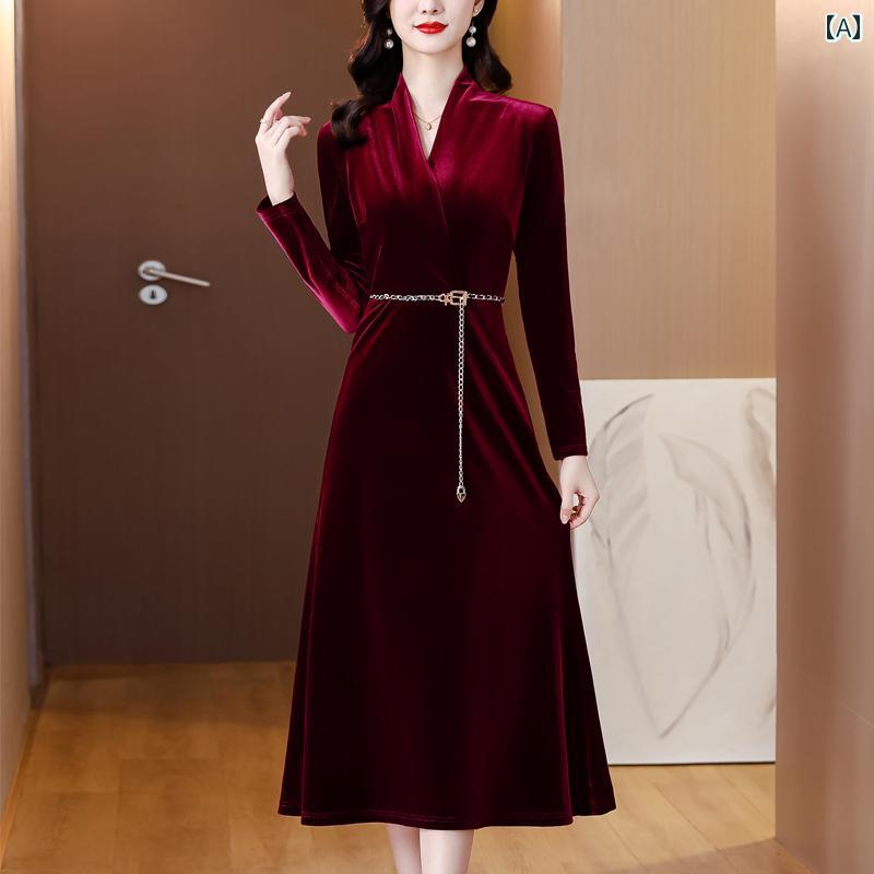 春 コーデ レディース ファッション オシャレ カワイイ シンプル きれいめ ナチュラル 上品カジュアル 婦人服 ゴールド ベルベット ドレス アンコラ レッド ウエスト 長袖