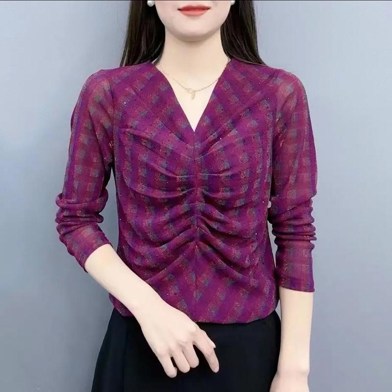 Garments - 春 コーデ レディース ファッション オシャレ カワイイ シンプル きれいめ ナチュラル 上品カジュアル 婦人服 Vネック メッシュ 長袖 Tシャツ トップス