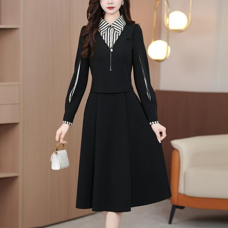 春 コーデ レディース ファッション オシャレ カワイイ シンプル きれいめ ナチュラル 上品カジュアル 婦人服 フェイク ツーピース 長袖 シャツ ワンピース ウエスト ミドル丈 スカート